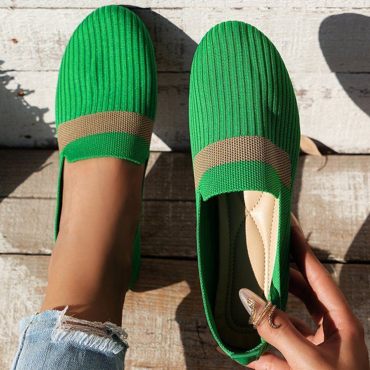 Knitted breathable flat sole single for women's new light cut color block round toe lazy four season bean shoes_voghion.com