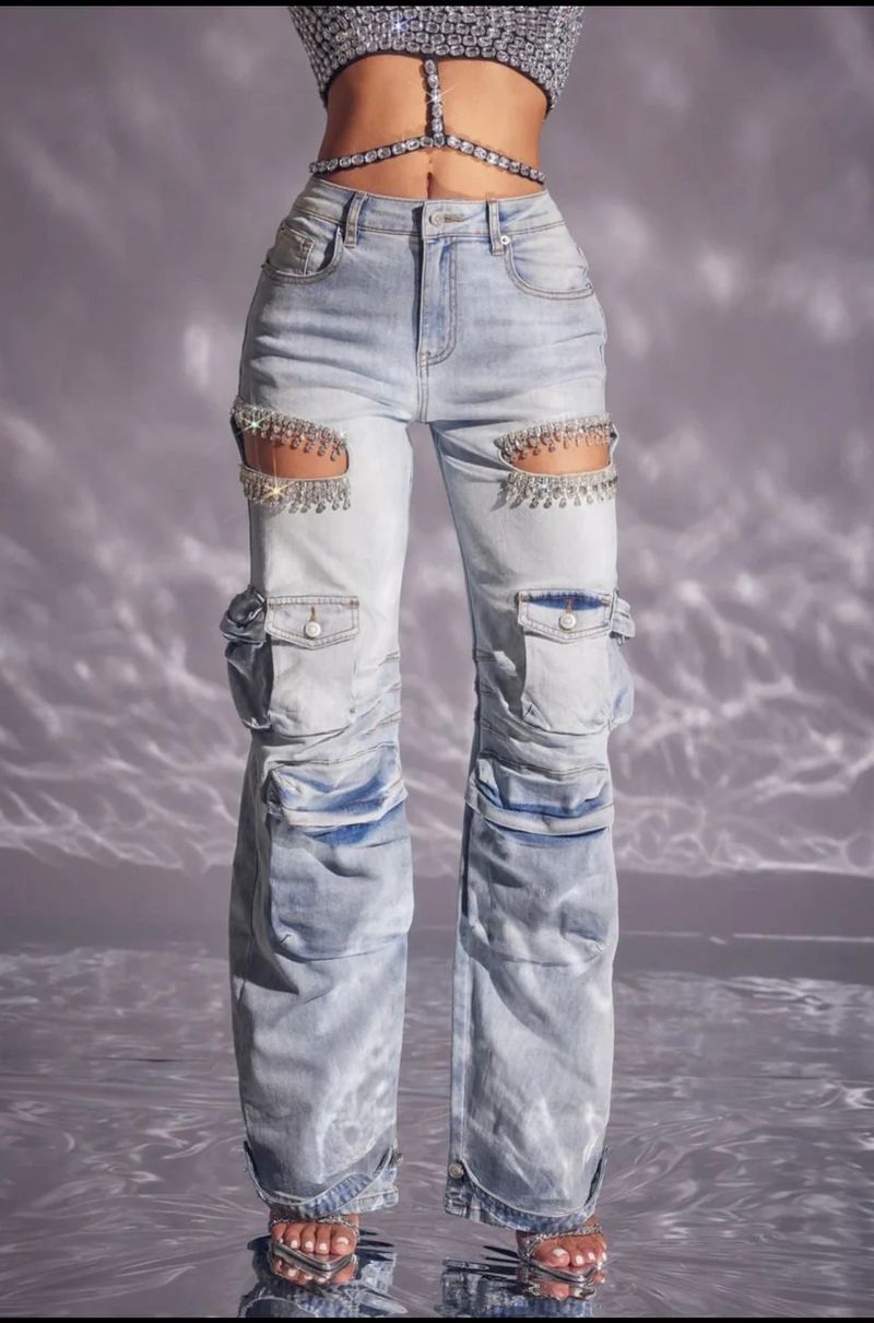 Damenbekleidung Hollow Diamond Overalls Stretch-Jeans mit mehreren Taschen für Damen_voghion.com