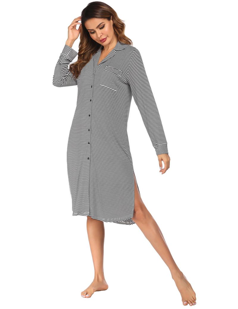 Roupas femininas, pijamas, camisa cardigan, pijamas de manga comprida listrados com botões estampados, pijamas para casa, femininos_voghion.com
