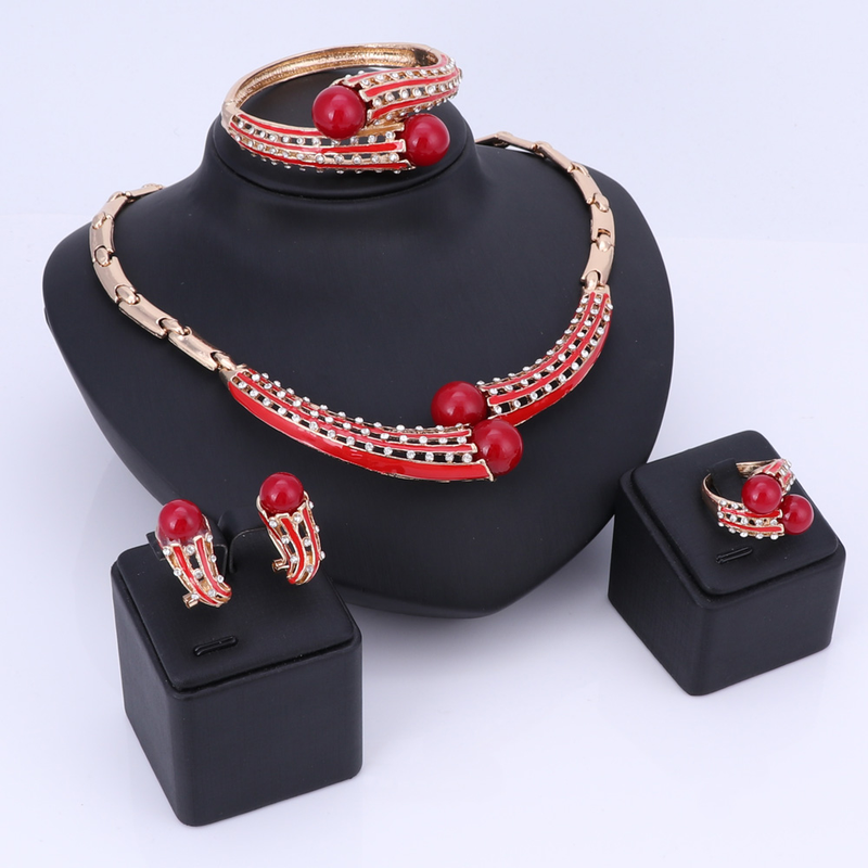 Damen-Set für Hochzeit, Braut, Brautjungfer, Kristall, künstliche Perlen, Halskette, baumelnde Ohrringe, Armreif, Ring, Party, Kostümschmuck-Set_voghion.com