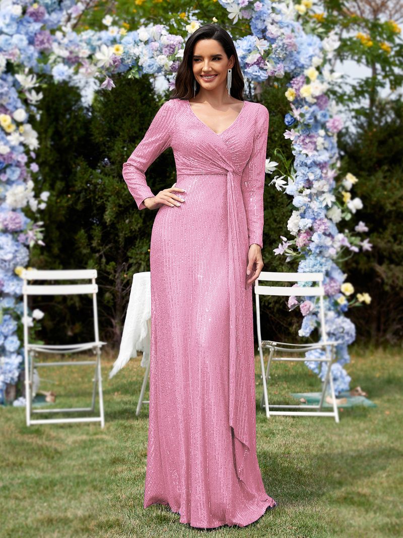 Abito da sera a sirena con scollo a V e maniche lunghe da donna_voghion.com