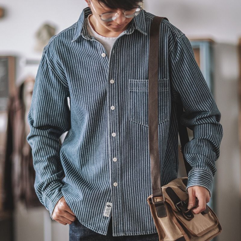 Neue retro vertikale kragen arbeitskleidung denim hemd männer gestreiften lose tasche hemd herbst_voghion.com