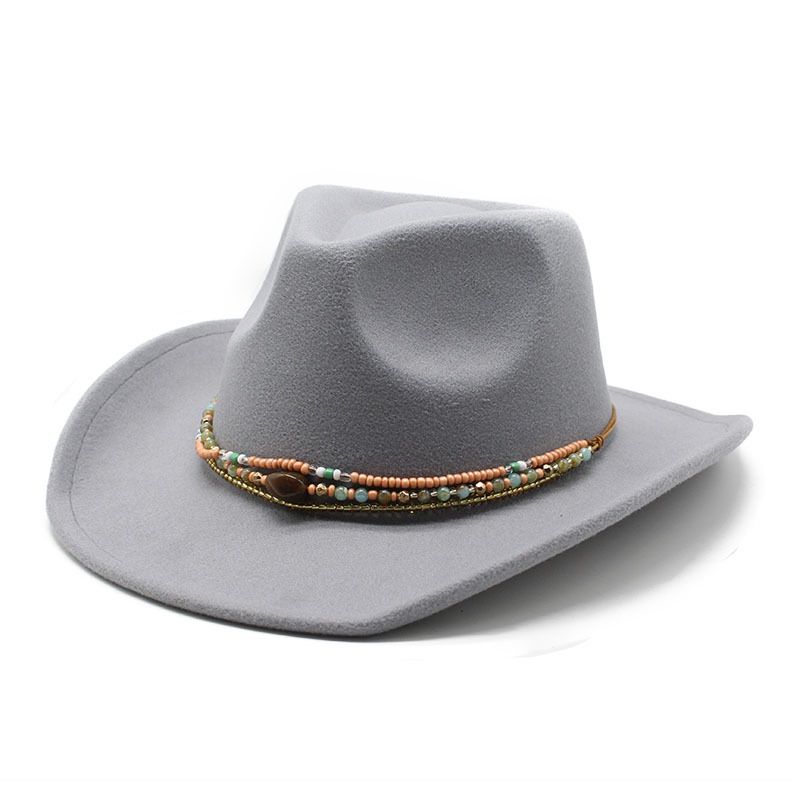 New Crimped Cowboy Hat Western Ethnic Tibetan Style Felt Hat Colored Bead Rope Accessories Knight Hat Tide_voghion.com