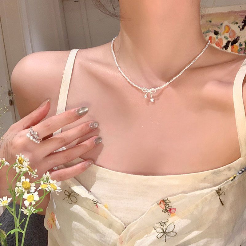 Classybych Light Luxury Bowknot Pearl Necklace Simple High-end Personality Fashion Versatile Collarbone Choker_voghion.com