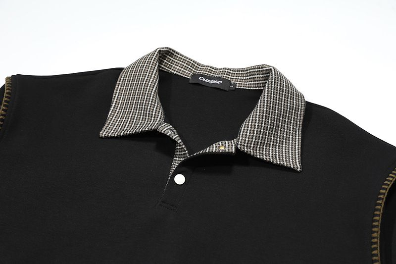 Polo patchwork pied-de-poule style Old Money, unisexe, col rabattu, coupe ajustée, tendance, automne 2025_voghion.com