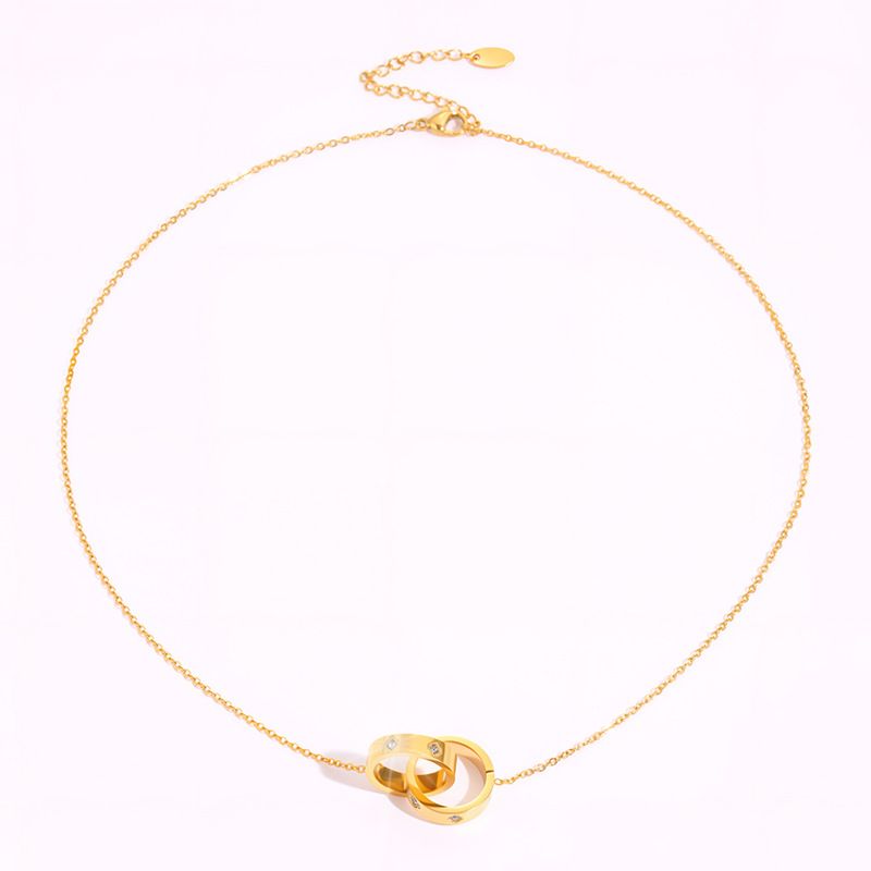 Necklace Women Golden Pendant Necklace Couple Style Ring Pendant For Women Light Luxury High-End Square Diamond Non-Fading Titanium Steel Necklace_voghion.com