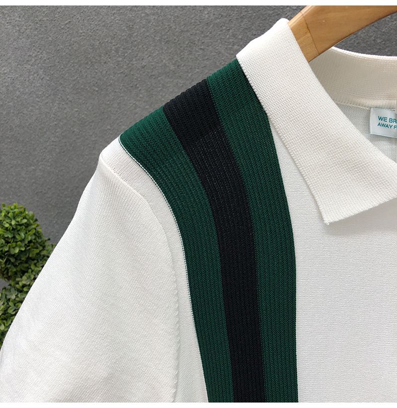 Polo da uomo in seta lavorata a maglia con cerniera, a maniche corte, estiva, stile sottile, alla moda, con colori a contrasto e risvolto sottile._voghion.com