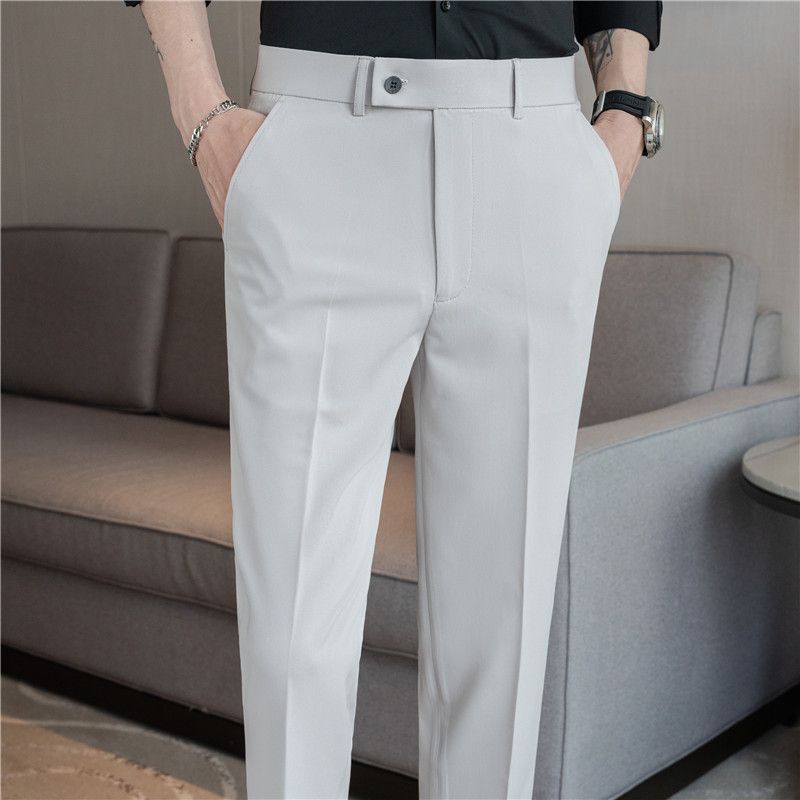 Summer new men's casual trousers, thin comfortable small straight nine-point trousers, elastic and drape on all sides, white trousers_voghion.com