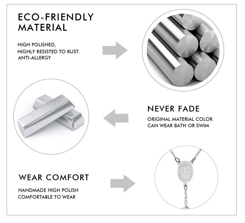 LUXUSTEEL Perline Collana lunga con croce di Gesù per donna Uomo Rosario in acciaio inossidabile cristiano cattolico religioso_voghion.com