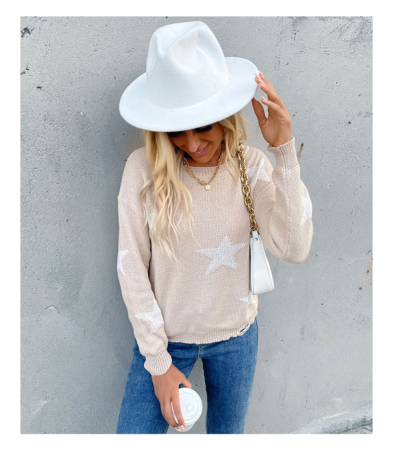 Langärmliger khakifarbener Damenpullover mit Rundhalsausschnitt und fünfzackigem Saum_voghion.com