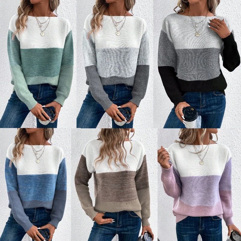Pull en tricot à manches longues pour femme avec motif à blocs de couleurs, col rond, coupe ample, épais et chaud pour une tenue décontractée_voghion.com