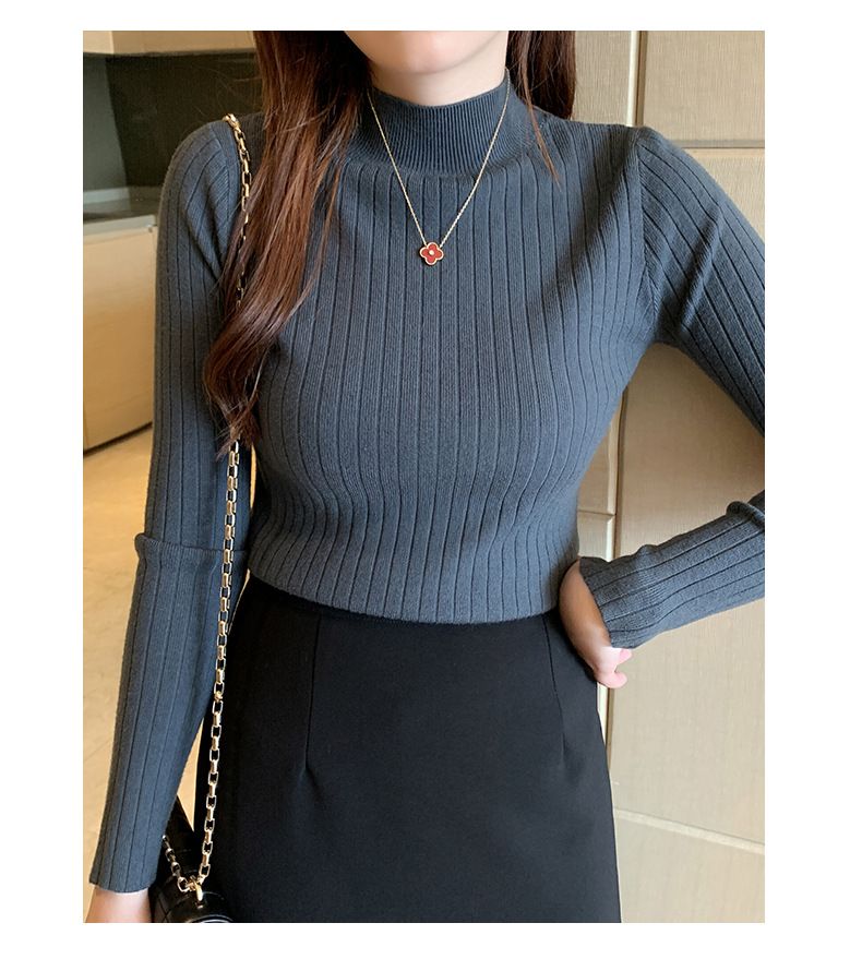 Autumn Winter New Women's Half-Polo Turtle Neck Knit Sweater Solid Color Base Layer Top Inner Outer Wear Stylish Medium Length_voghion.com