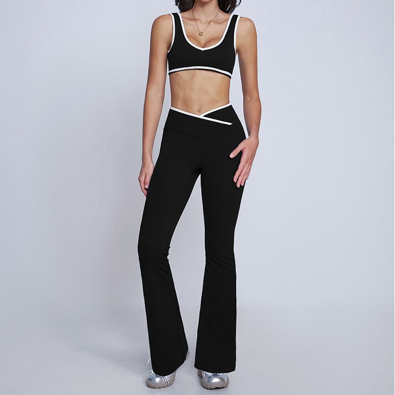 LazyZoom Cross High Waist Sports Set Women, Color Block Bare Back Tight Tank Top For Running, Fitness, Yoga 8843_voghion.com