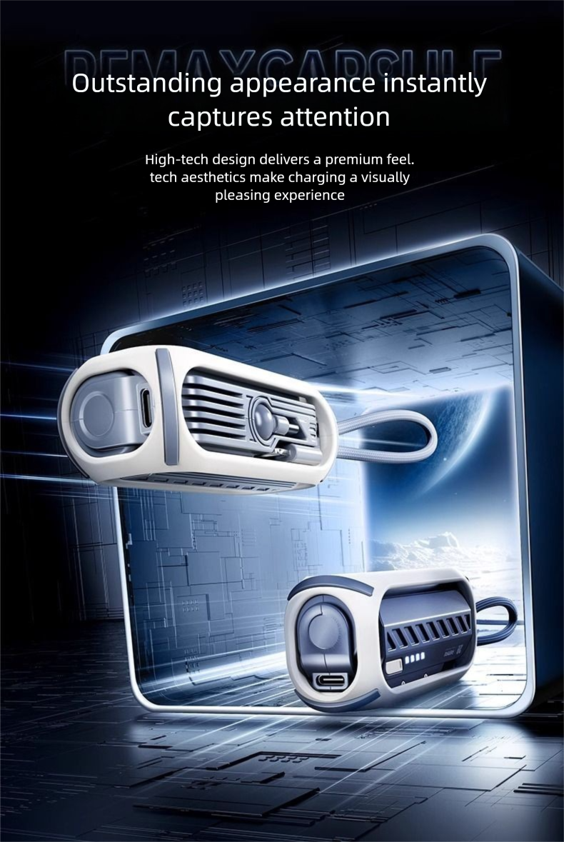 Remax Capsule Power Bank Ultrafino Compacto Mini Carregamento Rápido Cabo Integrado Tamanho de Bolso Compatível com iPhone 15_voghion.com