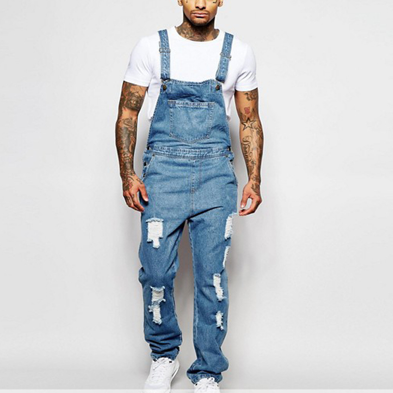 Men's Lace-up Denim Romper Ripped Jeans_voghion.com