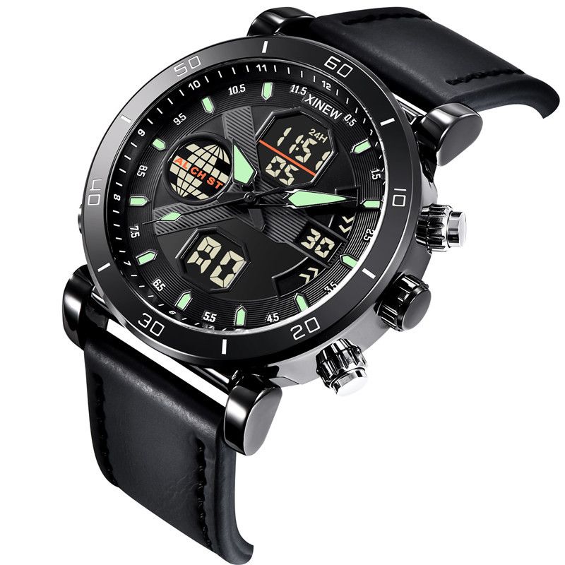 Men's Sport Watch With Analog-Digital Display, GMT Function, Date & Week Indicator, PU Leather Strap, Quartz Movement_voghion.com