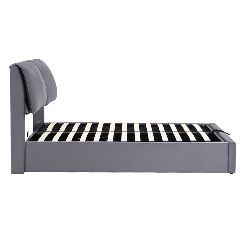 Cadre de lit coffre hydraulique rembourré en velours avec 3 tiroirs, sommier à lattes, tête de lit, 140 x 200 cm, gris, matelas non inclus_voghion.com