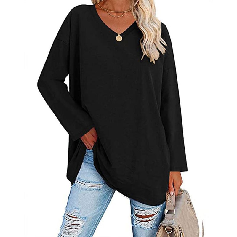 Camiseta extra grande, nova, solta, ombro caído, decote em V, cor sólida, top feminino, manga comprida_voghion.com