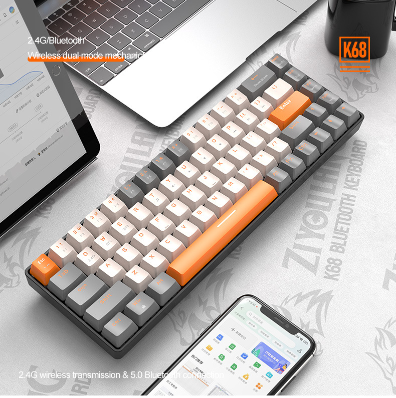 Free Wolf K68 Bluetooth Wireless Dual-Mode Customizable Color-Blocking Gaming Hot-Swappable Mechanical Keyboard_voghion.com