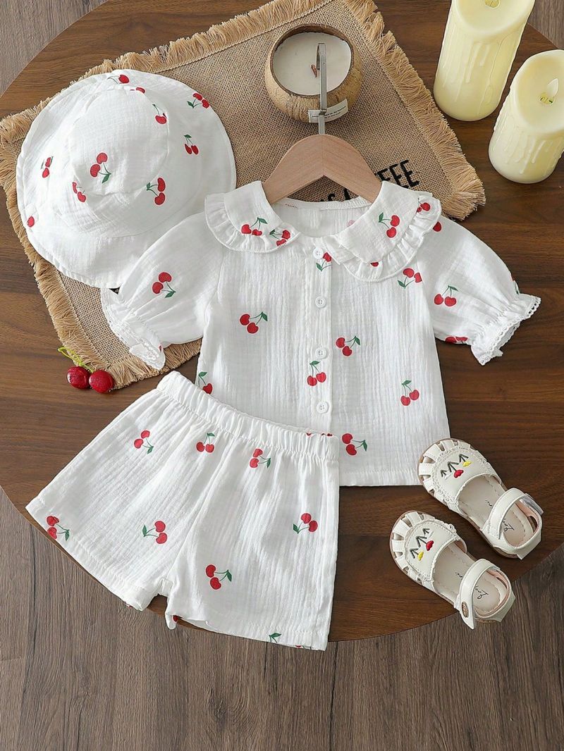 Baby Girl's Printed Collar Top + Shorts + Hat Set – Soft Polyester 3-Piece Outfit (6M-3Y)_voghion.com