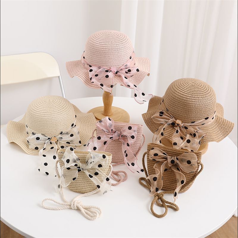 Nuovo set di cappelli e borse parasole con fiocco coreano a pois e onde di paglia per bambini, dolce e carino_voghion.com