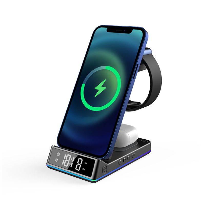 Silent Wireless Charger in Bedroom - for Samsung and iPhone iWatch AirPod, alarm clock settings, night lights, phone holder functions_voghion.com