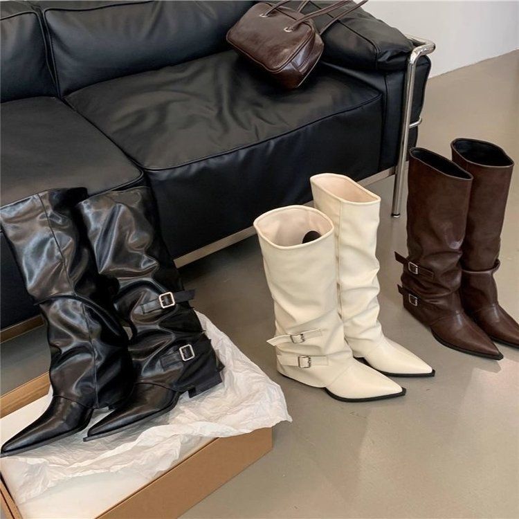 ShoeGlobe ShoeGlobe Pointed Toe Buckle Pleated Slouch For Women, Chunky 2025 Punk Riding Boots, Street Style Hot Girl High Heel Long Boots_voghion.com