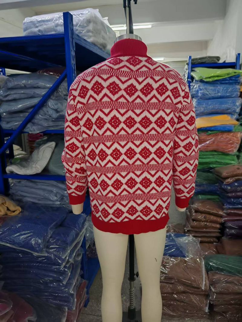 Maglione retrò Fair Isle a collo alto da uomo - Pullover oversize in maglia con motivi geometrici_voghion.com
