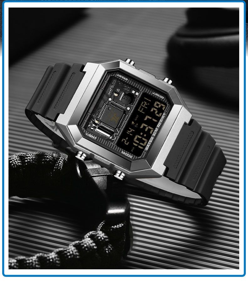 Digitaal wekkerhorloge met multifunctionele timer, stopwatch, LED-achtergrondverlichting, waterdicht tot 50 m, unisex vierkant sporthorloge voor studenten en professionals_voghion.com