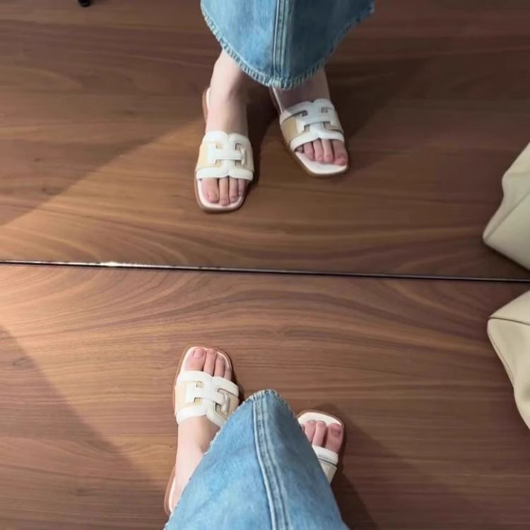 Versione in pelle di pecora ~ Sandali da spiaggia versatili alla moda in vera pelle da donna, con punta aperta, quadrati e colorati_voghion.com