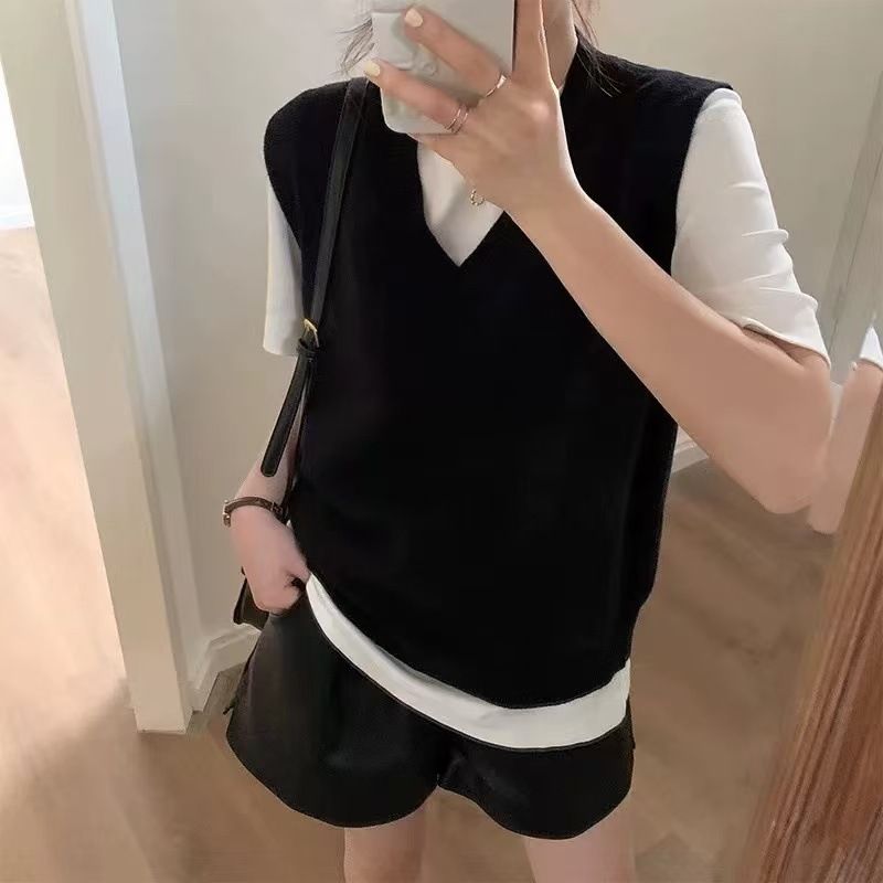 Gestreifter Strickpullover mit V-Ausschnitt für Damen, einfarbig, ärmellos, Weste für Damen_voghion.com