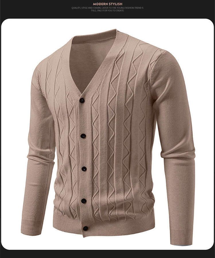 Lässiger Herren-Strickpullover – Vintage-Zopfmuster, lockere Passform, V-Ausschnitt, lange Ärmel, offene Vorderseite (maschinenwaschbar) –_voghion.com