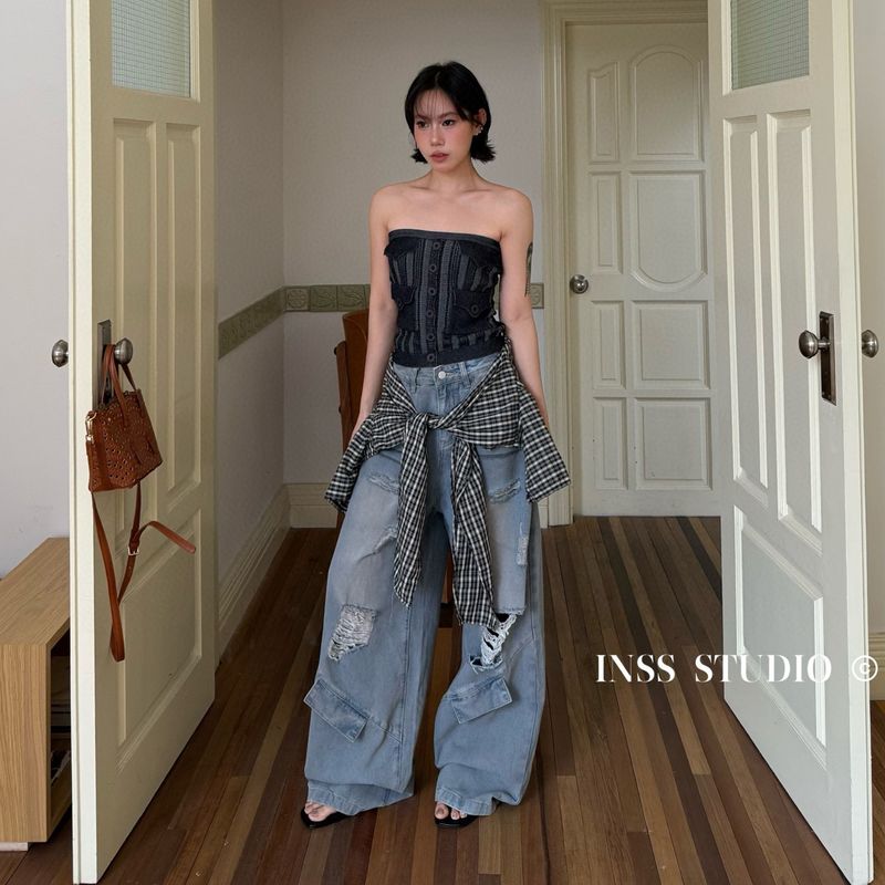 INSS Thirteen Lines Six Colors Ribbed Knit Design Pocket Slimming Base Shirt Versatile Button Pullover Tube Top_voghion.com