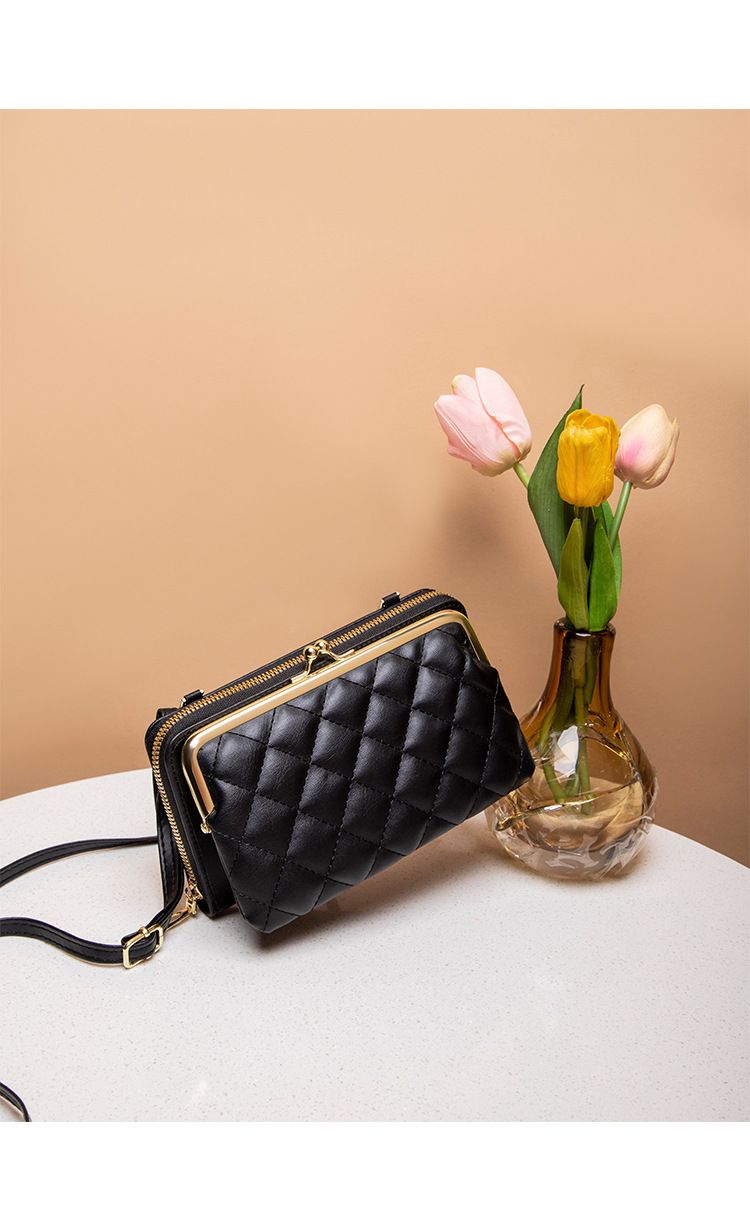 Gewatteerde crossbodytas voor dames met rits en draaisluiting - Lange portemonnee met twee vouwen, telefoonhoesje, stijlvol minimalistisch ontwerp_voghion.com