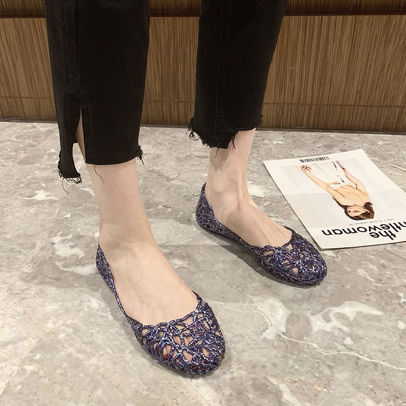 Sandali con punta cava, scarpe estive da ballo in gelatina con cristalli scintillanti, suola piatta e morbida, scarpe da spiaggia traforate per donna_voghion.com