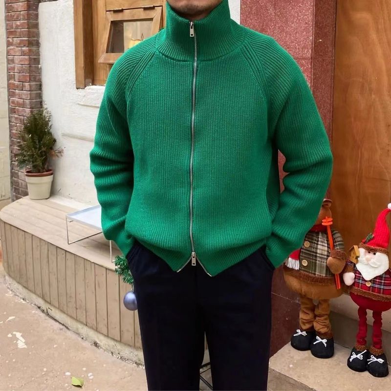 Cardigan leggero in maglia con scollo a V e cerniera da uomo, maglione a maniche lunghe, capospalla casual per l'autunno_voghion.com