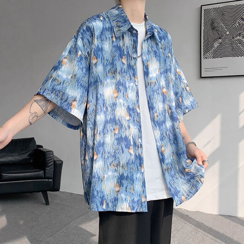 Camicia a maniche corte con effetto tie-dye Dopamine per uomo, design vintage estivo, camicia floreale, giacca in seta ghiacciata_voghion.com