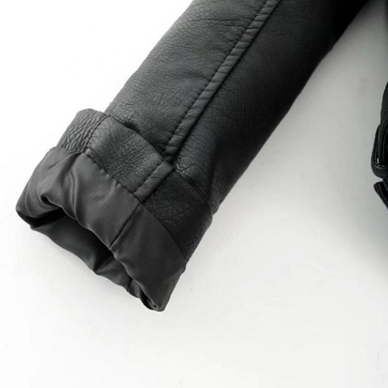Lady Leather Long Sleeve Lapel Zipper Button Pocket Motorcycle Jacket Short Coat_voghion.com