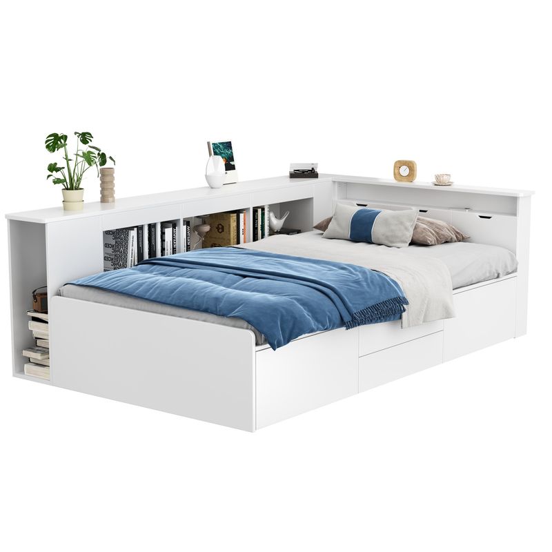 Lit enfant 90 x 200 cm, lit simple multifonction avec tiroirs de rangement, bibliothèque, armoire de rangement et compartiment de rangement sous le siège, blanc, matelas non inclus._voghion.com