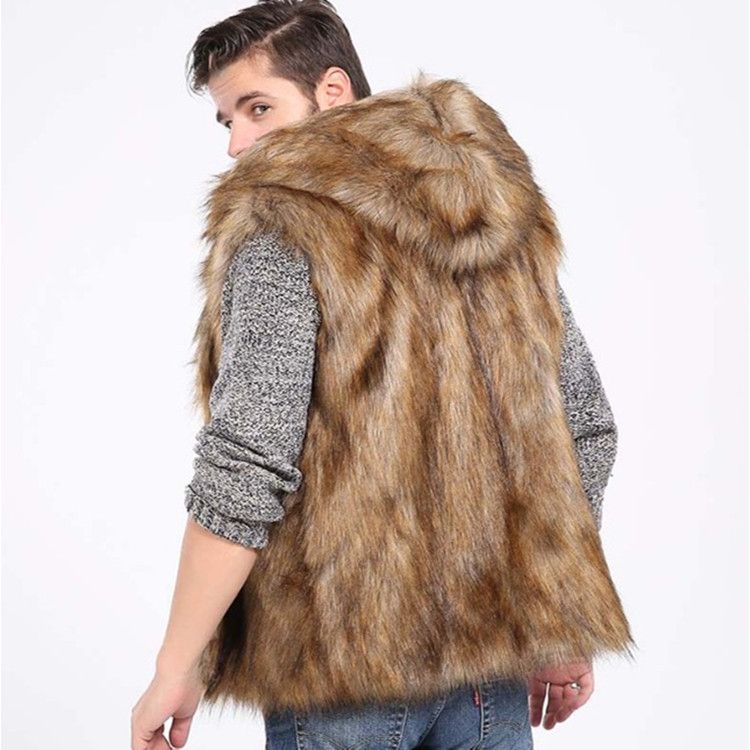 Men's Faux Mink Vest – Slim Fit Short Fur Gilet With Notch Lapel & Side Pockets (S-3XL, Jacquard Brown, Machine Washable)_voghion.com