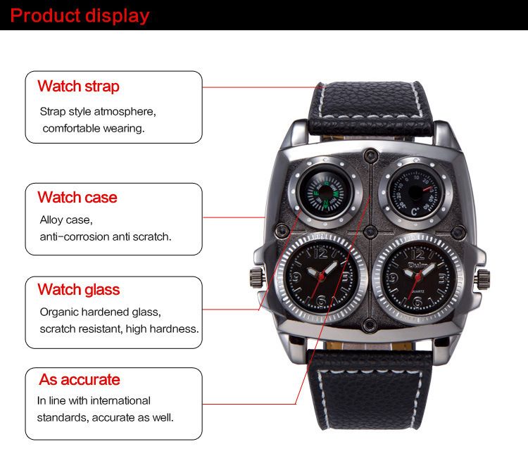 Orologio casual ed elegante da uomo con quadrante grande, doppio fuso orario, bussola e termometro - Movimento al quarzo, vetro minerale, cinturino in pelle. Orologio al quarzo._voghion.com