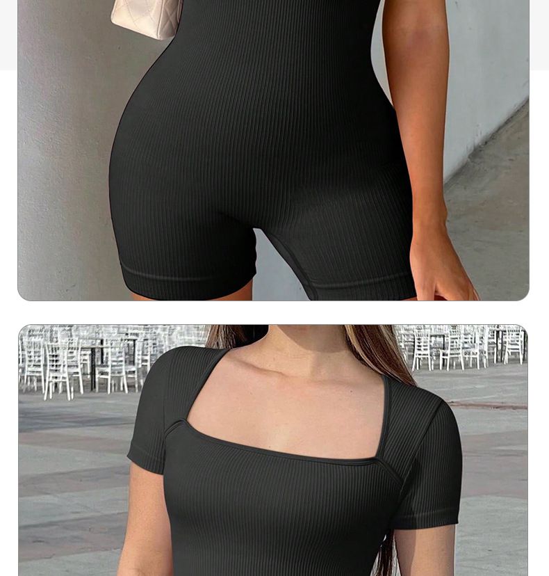 Cross-Border Neue Shorts mit quadratischem Ausschnitt für Damen, schmal geschnitten, hohe Taille, eng anliegend, einfarbig, gerippt, sportlich-lässiger Jumpsuit_voghion.com