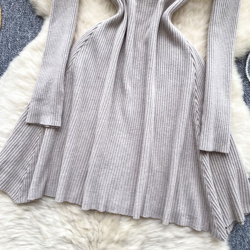 Vêtements pour femmes Robe tricotée de couleur unie de luxe haut de gamme légère française pour femmes automne et hiver conception de taille à col en V jupe longue de tempérament de niche_voghion.com