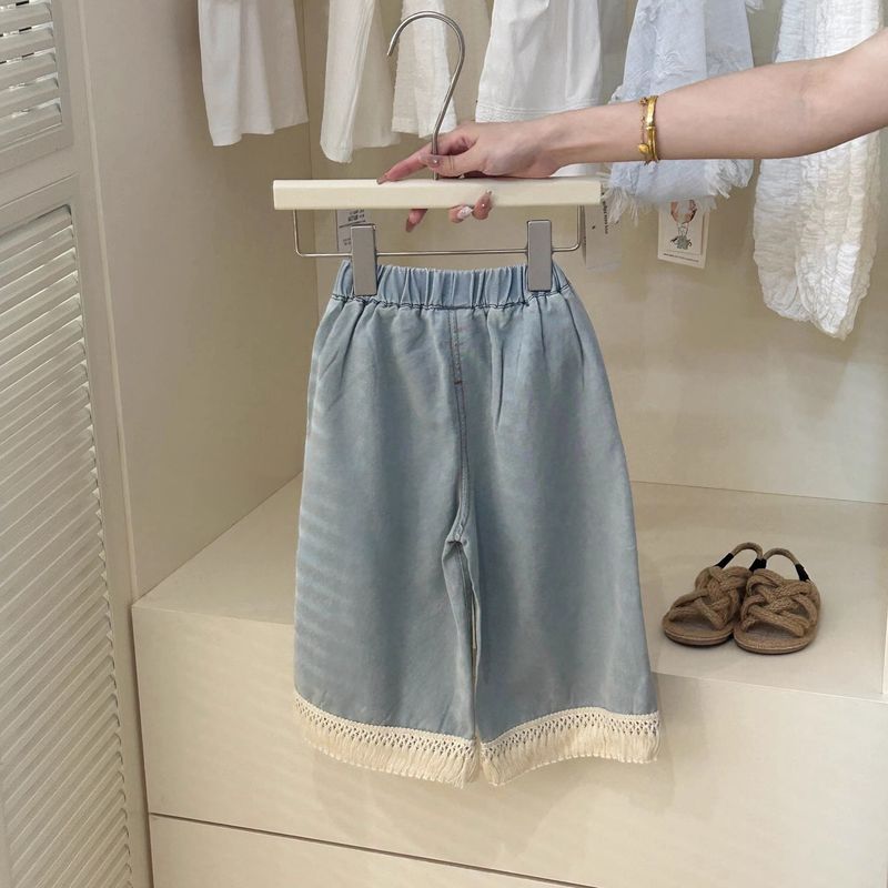 Ropa para niños Traje de diseño retro para niñas Chaleco corto con borlas de crochet de verano Top de jeans de pierna ancha Traje de dos piezas de moda_voghion.com
