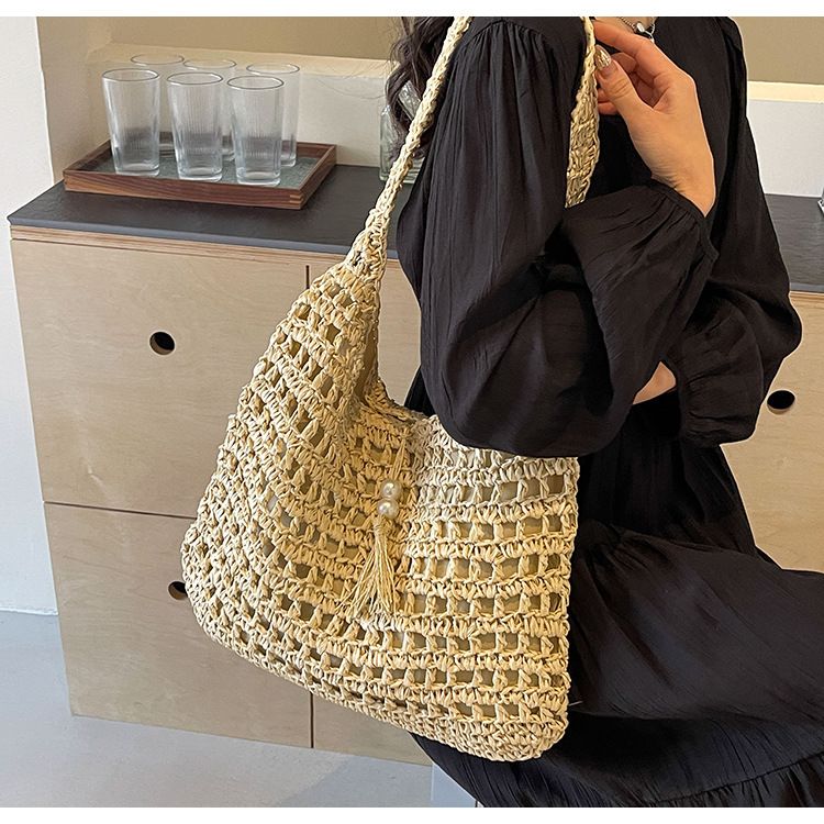 Straw Bag Woven Bag Bohemian Fringe Straw Bag Women's Hollow Woven Bag Seaside Resort Beach Shoulder Bag_voghion.com