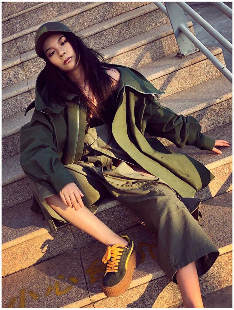 Men's Trench Coats Mauroicardi Spring Autumn Oversized Cool Black Green Khaki Windproof Windbreaker Men Hood Long Sleeve_voghion.com