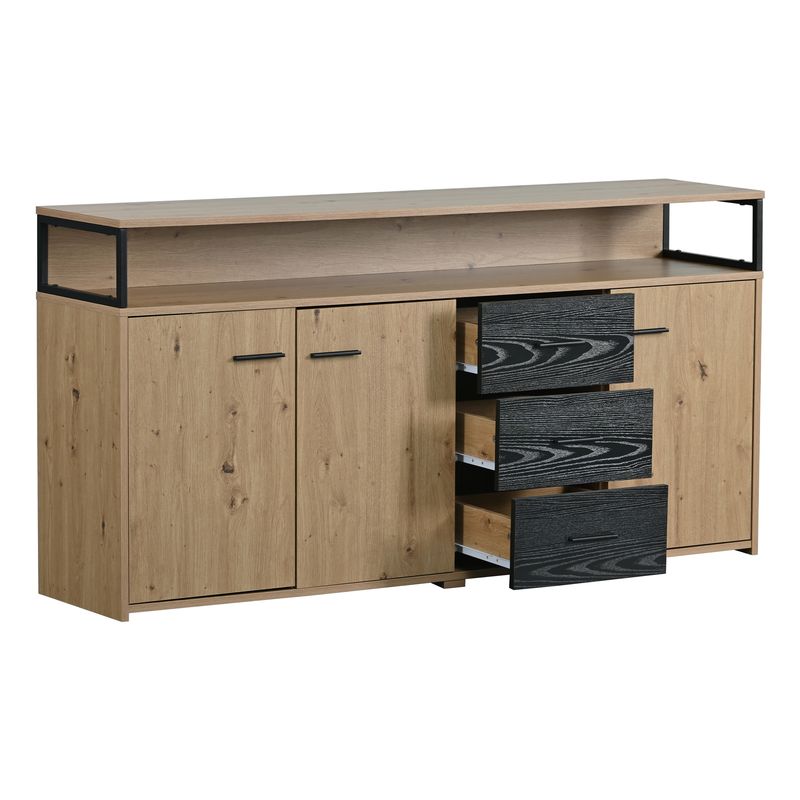 Buffet industriel trois portes et trois tiroirs, meuble de rangement multifonctionnel avec poignées en métal, armoire de cuisine, meuble de rangement pour chambre, salon et bureau, 150 x 35 x 75,9 cm_voghion.com