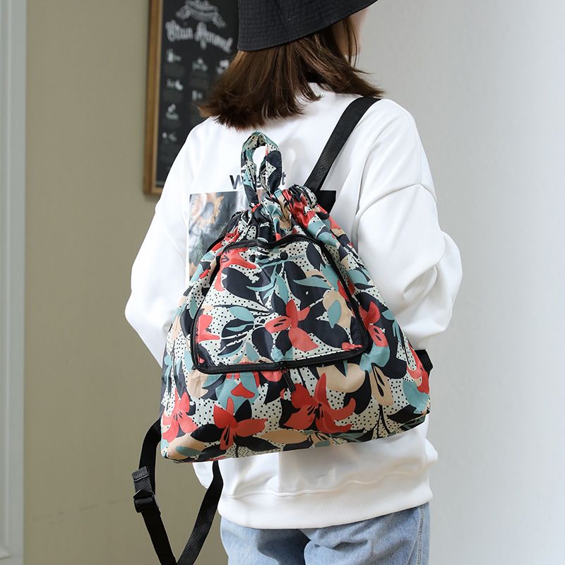 Women's 2025 New Printed Nylon Fabric Backpack Foldable Drawstring Pocket Floral Bag For Women_voghion.com