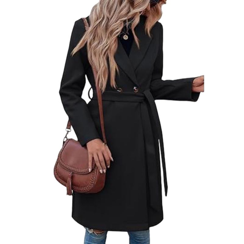 Eleganter langer Wollmantel für Damen – Zweireihiger Trenchcoat mit Gürtel und schmaler Passform, perfekt für Herbst und Winter_voghion.com