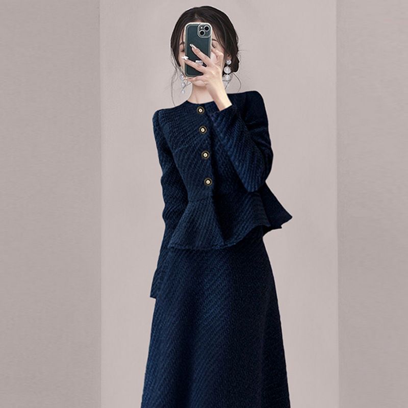 Kleid Damen Wollstoff 2025 Neuer Stil für Frühling, Herbst, Winter, mit High-End-Gefühl Ein kleiner Duft. Blaue Taille_voghion.com
